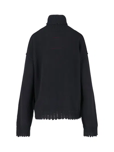 Uma Wang Knitwear Turtleneck Ribbed Distressed Hem Long Sleeves In Black
