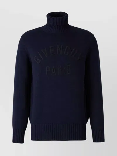 Givenchy Turtleneck Sweater In Cotton With Paris Embroidery Clothing In Blue