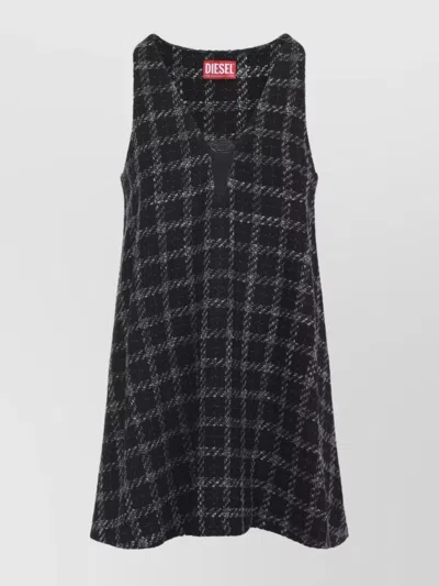 Diesel Mini Dress Checked Pattern Sleeveless V-neckline In Blue