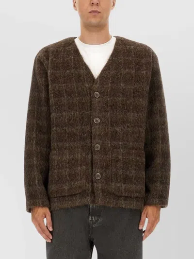 Our Legacy Embroidered Wool Blend V-neck Cardigan With Front Pockets In Brown