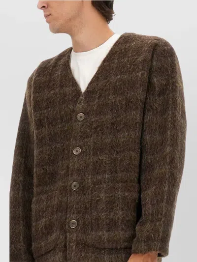 Our Legacy Embroidered Wool Blend V-neck Cardigan With Front Pockets In Brown