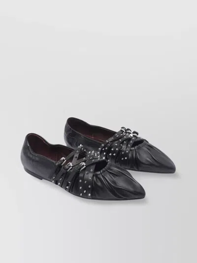Ash Pointed Toe Leather Ballerina Shoes With Buckles And Studs In Black