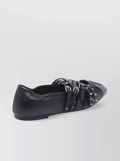 Ash Pointed Toe Leather Ballerina Shoes With Buckles And Studs In Black