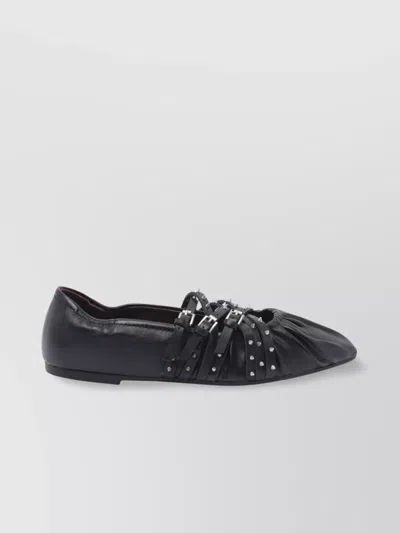 Ash Pointed Toe Leather Ballerina Shoes With Buckles And Studs In Black