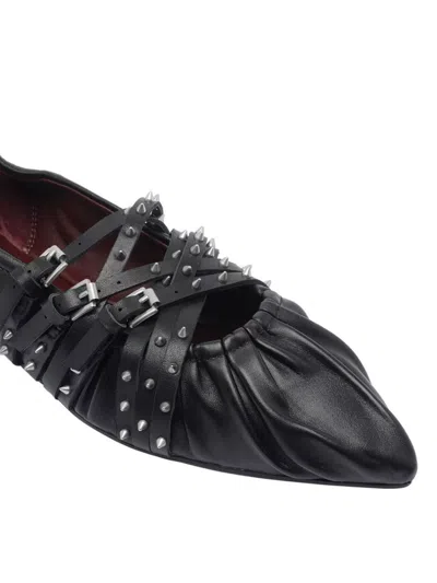 Ash Pointed Toe Leather Ballerina Shoes With Buckles And Studs In Black