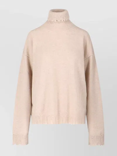 Uma Wang High Neck Cashmere Sweater With Frayed Edges In Neutral