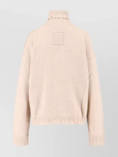 Uma Wang High Neck Cashmere Sweater With Frayed Edges In Neutral