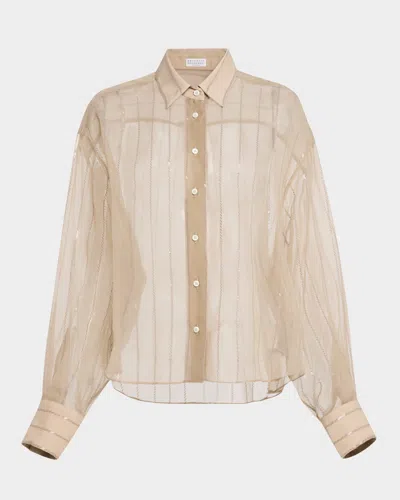 Brunello Cucinelli Striped Paillette Crispy Silk Chiffon Button-down Blouse In Neutral