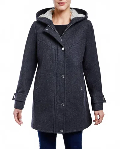 London Fog Zip-front Sherpa Lined Hood 31 Inch Wool Jacket In Charcoal In Blue