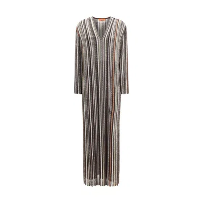 Missoni Long Dress With V-neck And Herringbone Stripe Knit In Multi