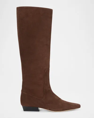 Staud Wally Suede Flat Knee-high Boots In Brown