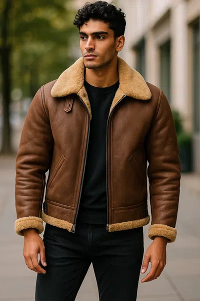 Infinity Leather Mens Grey B3 Ww2 Sheepskin Leather Flying Aviator Jacket-seshego In Brown