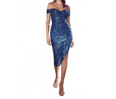 Cinderella Divine Sequins Off Shoulder Cocktail Dress In Lapis Blue In Multi