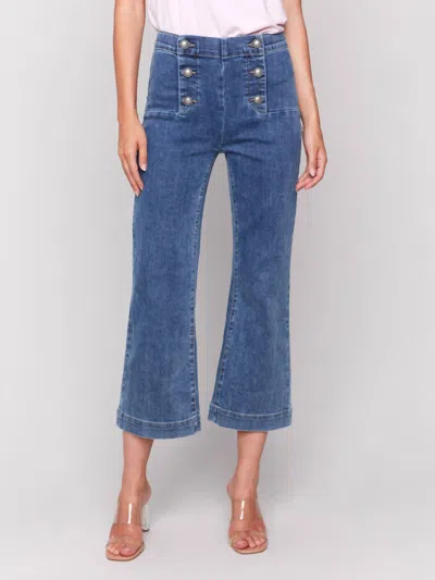 Charlie B Cropped Pull-on Flare Jeans With Front Buttons In Medium Blue In Blue