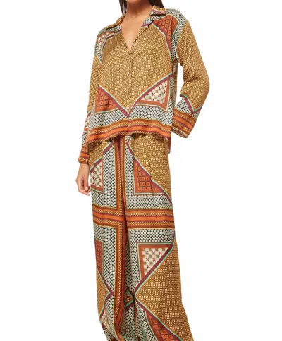 Misa Isme Scarf-print Long-sleeve Button-front Top In Brown