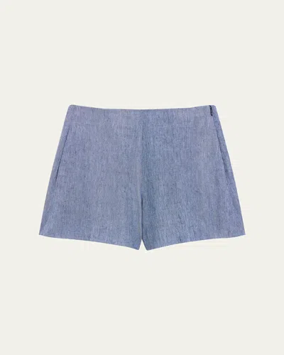 Theory Pleated Linen Blend Shorts In Light Denim