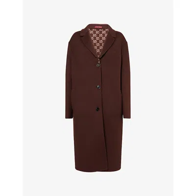 Gucci Womens Brown Pink Monogram-pattern Notch-lapel Wool Coat In Gold