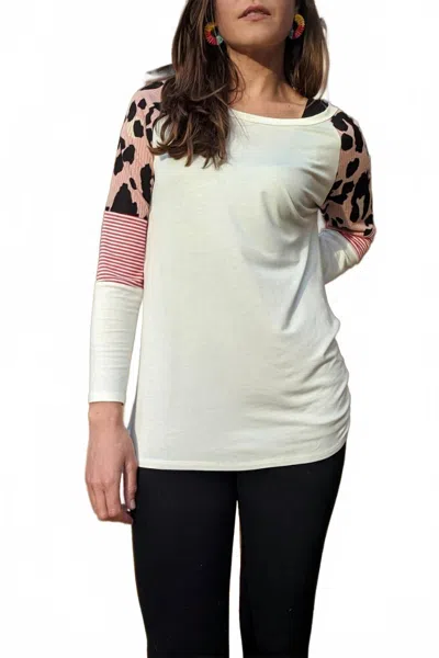 Haptics Long Sleeve Leopard Color Block In Pink In White