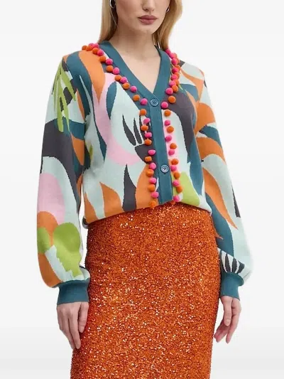 Never Fully Dressed Graphic-print Pom-pom Cardigan In Multi