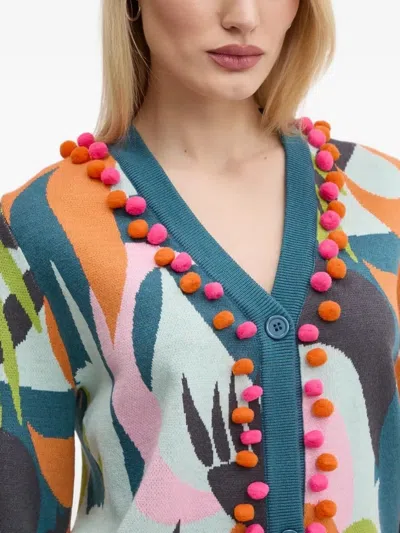 Never Fully Dressed Graphic-print Pom-pom Cardigan In Multi