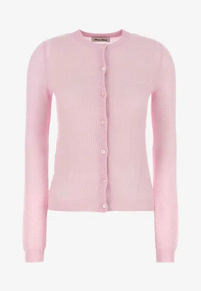Miu Miu Cashmere Knit Cardigan With Ribbed Collar And Cuffs In Pink