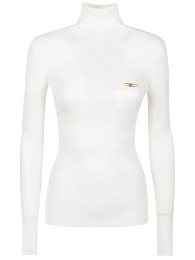 Elisabetta Franchi White Turtleneck Sweater With Logo Plaque On The Front In Silk Blend Woman In White