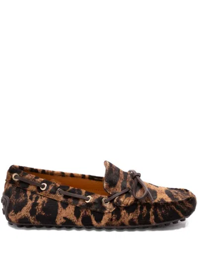 Tod's Leopard Print Leather Slip-on Loafers With Signature Rubber Outsole In Animal Print