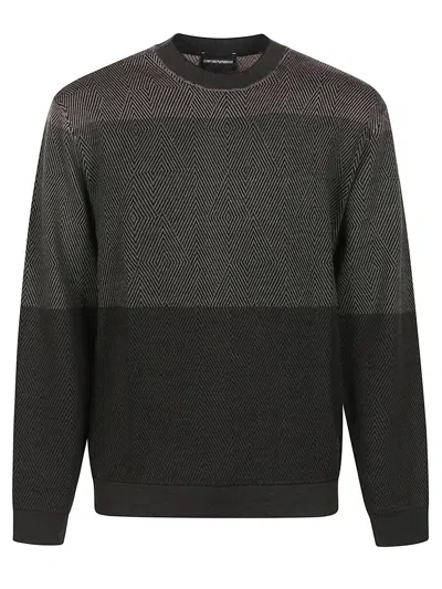 Emporio Armani Virgin Wool Jumper With Micro Jacquard Op-art Diamonds In Black