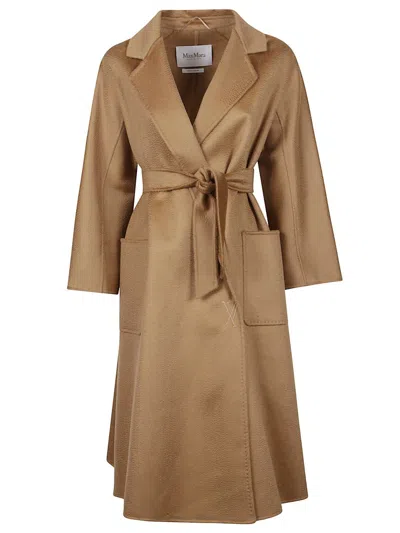Max Mara Beige Virgin Wool Wrap Coat With Classic Lapel In Brown