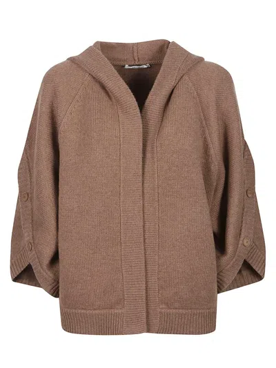 Max Mara Knitwear Hooded Cardigan With Button And Ribbed Hem In Brown