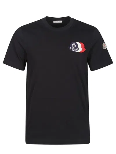 Moncler Blue T-shirt With Embroidered Tricolor Logo In Black