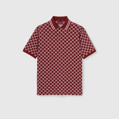 Gucci Men Red Polo Shirt With Striped Classic Collar In Gg Jacquard Cotton Man In Red