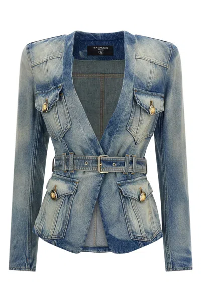 Balmain Stonewashed Cotton Denim Blazer In Blue