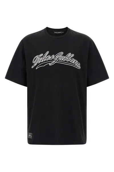 Dolce & Gabbana Men Cotton T-shirt With Embossed Logo Embroidery In Black