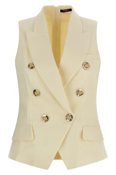 Balmain Jacquard Vest With Flap Pockets And Gold-tone Buttons In Yellow
