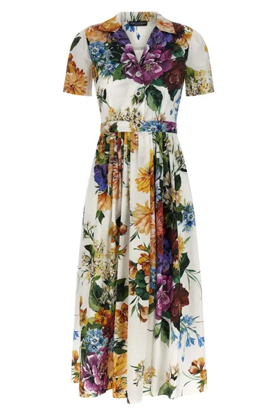 Dolce & Gabbana Midi Poplin Dress With Flower Bouquet Print Dolce E Gabbana In Multi