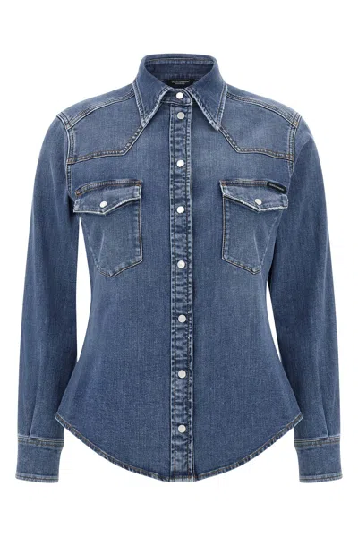 Dolce & Gabbana Denim Cotton Shirt With Chest Pockets In Blue