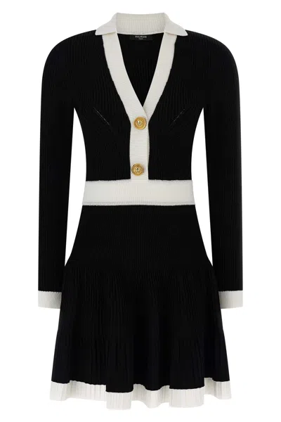 Balmain Long Sleeves V-neck Flare Knit Dress In Multi