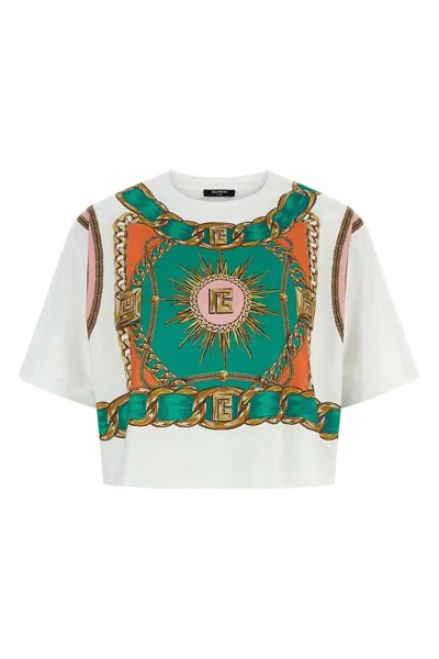 Balmain Chain Motif Crew Neck Cropped T-shirt In Multi