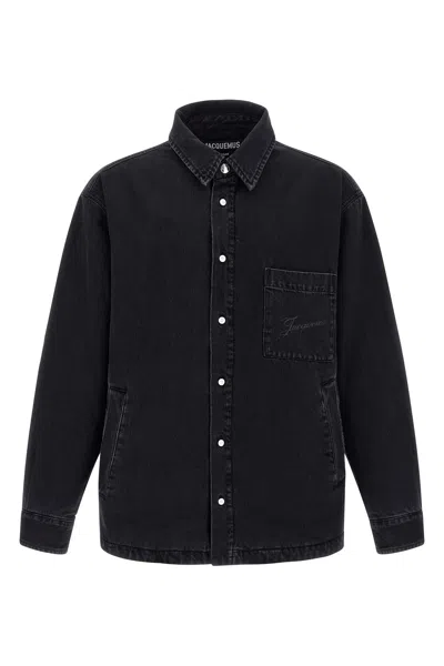 Jacquemus Virgin Wool Long-sleeve Shirt With Embroidered Logo In Black