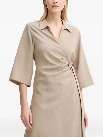 Samsoe & Samsoe Wrap-effect Quarter-sleeve Midi Dress In Brown