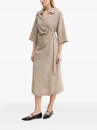Samsoe & Samsoe Wrap-effect Quarter-sleeve Midi Dress In Brown