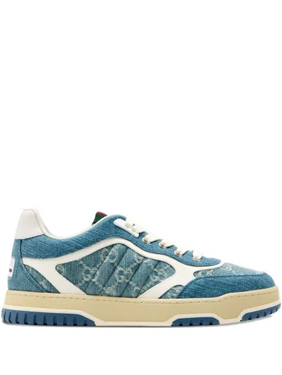Gucci Denim Sneakers With Monogram Pattern In Blue