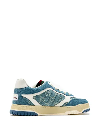 Gucci Denim Sneakers With Monogram Pattern In Blue