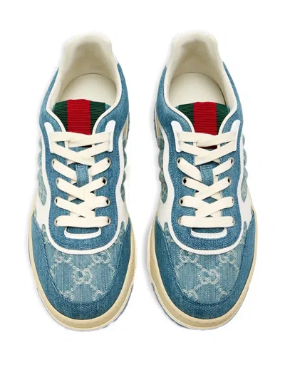 Gucci Denim Sneakers With Monogram Pattern In Blue