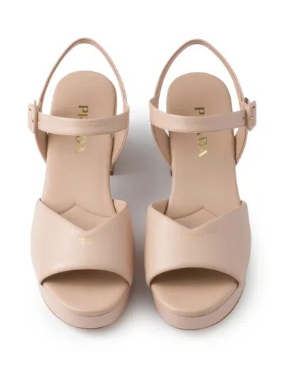 Prada Soft Nappa Ankle Strap Platform Sandals In Neutral