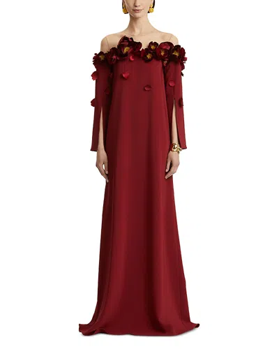 Oscar De La Renta Peony Appliqu Illusion Neck Caftan In Burgundy