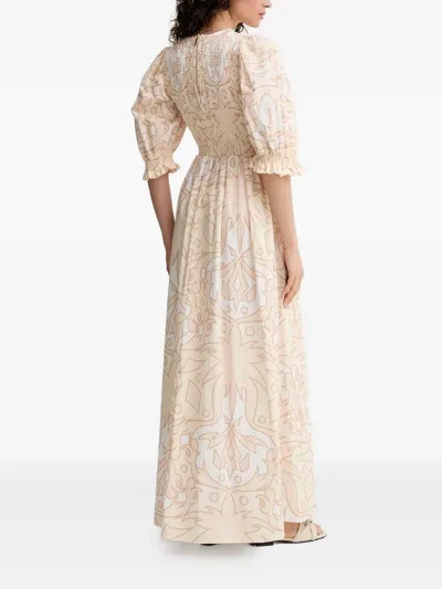 Silvian Heach Smocked-bodice Printed Maxi Dress In Neutral