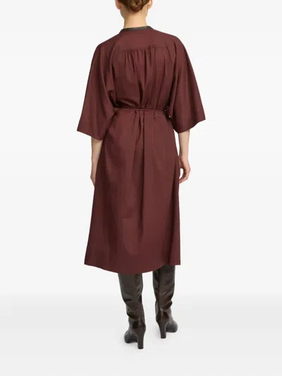 Yves Salomon Leather-trim Belted Midi Dress In Brown