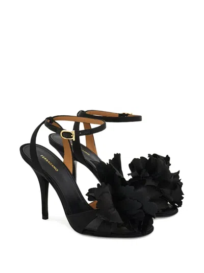 Ferragamo Black Satin Flower Sandals In Black